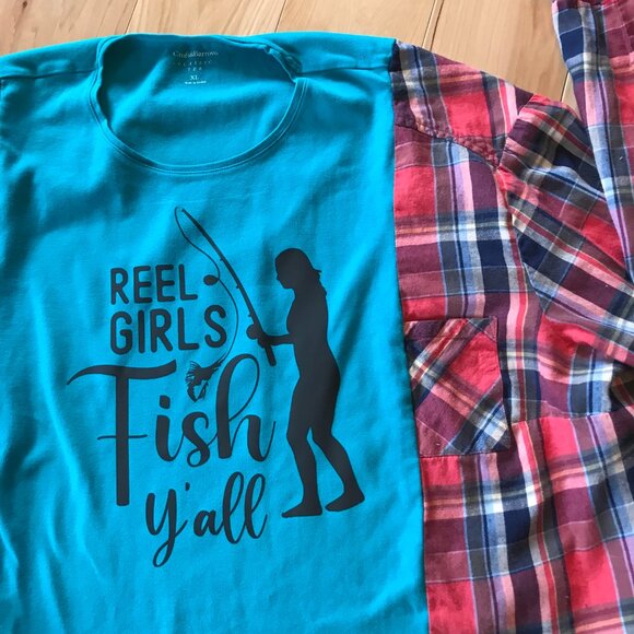 Reworked Flannel Shirt, Plus Size: Upcycled Oversized Girl Fishing T-Shirt - Picture 8 of 11